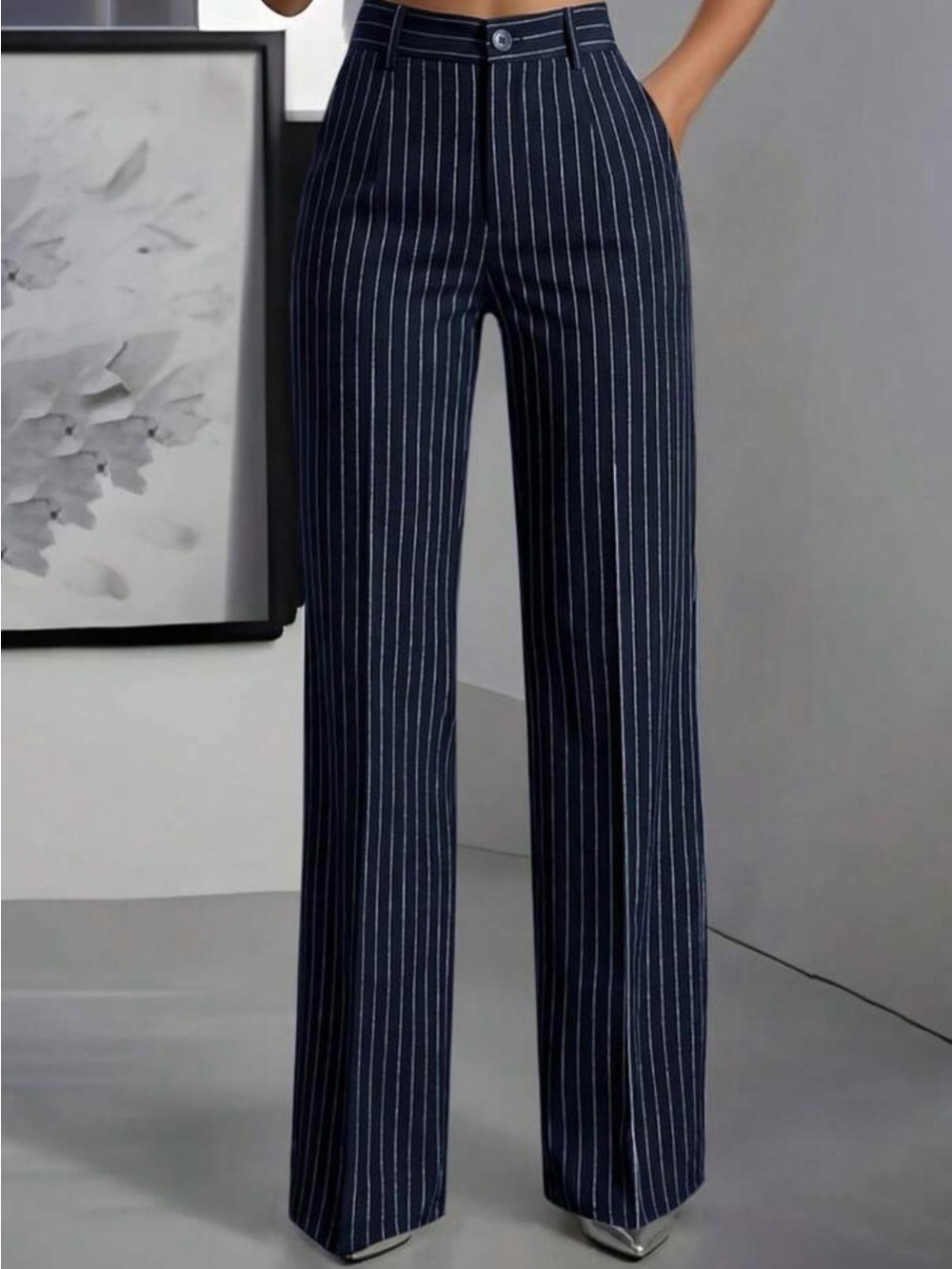 SHEIN Navy Blue & White Striped Dress Pants